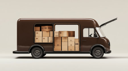 A sleek 3D brown delivery truck parked with open doors, showing boxes ready for dispatch on a pale neutral background.の素材