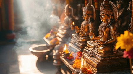 Sunlit brass idols of Indian deities placed on a traditional altar.の素材