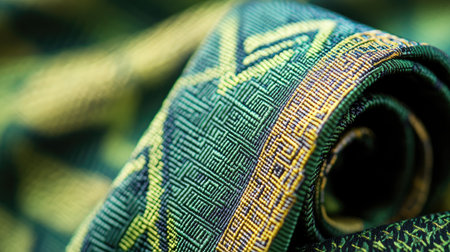 A close-up of a vibrant green tie with a modern geometric print, displaying its texture and high-quality material.の素材