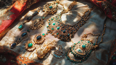 Handcrafted Indian jewelry pieces arranged artistically on a sunlit fabric.の素材