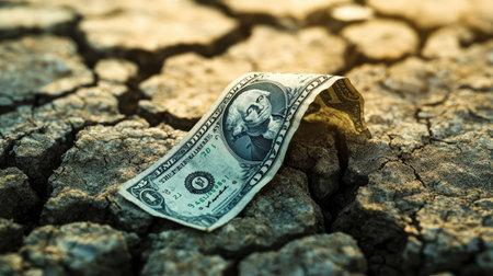 A crumpled dollar bill lying on a cracked, dry ground symbolizing economic crisis and scarcity.の素材