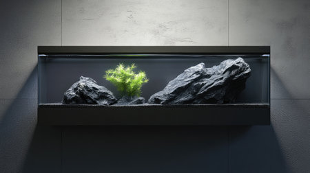A minimalist wall-mounted aquarium with a simple layout of natural rocks and a single green plant.の素材