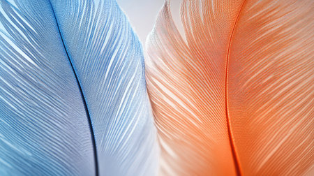 A stunning macro view of dual feathers, one orange and one blue, with intricate details glowing under soft lightの素材