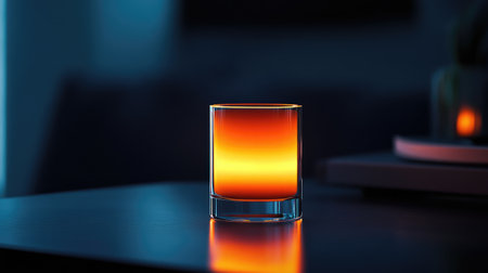 A minimalist composition featuring a glowing orange candle in a glass holder, radiating warmth against a dark backdropの素材