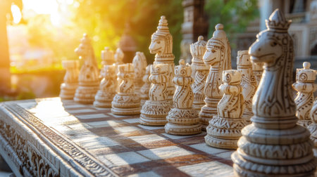 A set of hand-carved Indian chess pieces arranged on a sunlit board.の素材