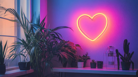 A cozy contemporary space with a vibrant heart-shaped neon light, adding charm alongside tasteful greenery and decorの素材