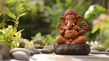 A beautifully sculpted terracotta idol of Ganesha, basking in natural sunlight.の素材