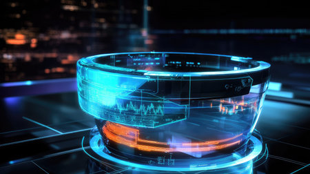 A glowing VR headset displaying cutting-edge technology, with vibrant holograms and futuristic digital visuals in the backgroundの素材