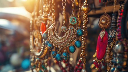 A collection of tribal jewelry pieces from India displayed under sunlight.の素材