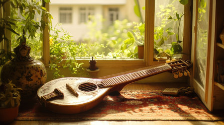 A traditional Indian musical instrument, like the sitar, in a sunlit room.の素材