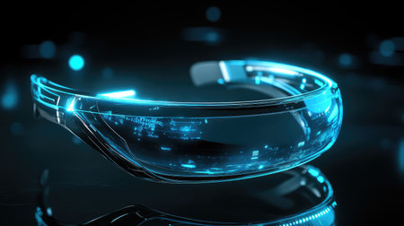 A sleek futuristic smart headset displaying immersive virtual reality technology, with holographic visuals glowing in a dark settingの素材