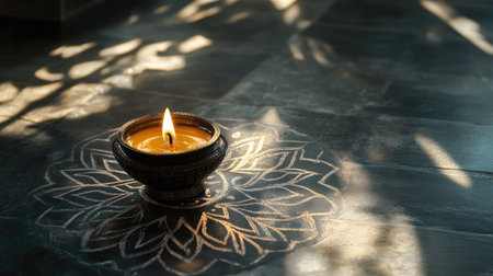 A traditional Indian lamp (diya) placed on a rangoli, lit by sunlight.の素材
