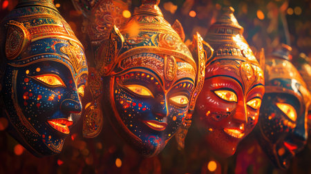 A set of traditional Indian hand-painted masks glowing in golden light.の素材