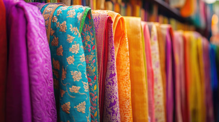 A sunlit display of vibrant Indian Phulkari embroidery on cloth panels.の素材