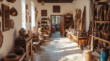A sunlit room filled with traditional Indian wooden handicrafts.の素材