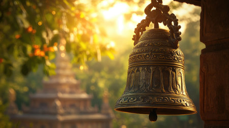 An intricate Indian bronze bell hanging in sunlight against a temple backdrop.の素材