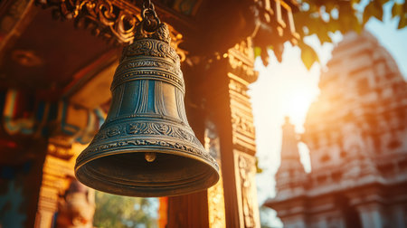An intricate Indian bronze bell hanging in sunlight against a temple backdrop.の素材