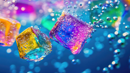 Artistic close-up of glowing colorful ice cubes underwater, surrounded by tiny bubbles and a deep aqua backgroundの素材