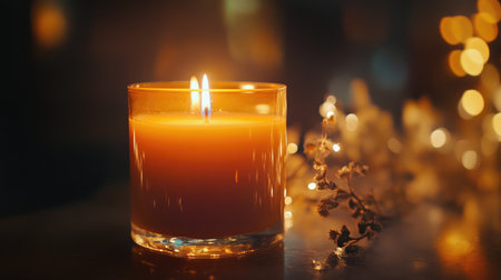 A warm orange candle glowing in a glass holder, illuminating a dark background with soft, soothing lightの素材