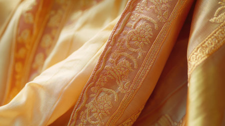 An Indian silk saree with golden embroidery, elegantly draped in natural light.の素材