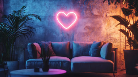 An artistic wall design with a glowing heart neon light, potted plants, and modern furnishings in a cozy settingの素材