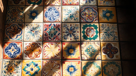 Hand-painted ceramic tiles featuring Indian motifs under sunlight.の素材