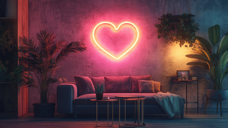 An artistic wall design with a glowing heart neon light, potted plants, and modern furnishings in a cozy settingの素材