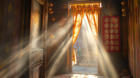 Sunlight streaming through a traditional Indian toran on a doorway.の素材