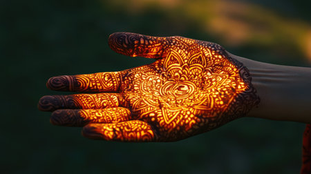 Intricate mehndi designs drawn on a hand, glowing under the sun.の素材