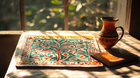 Hand-painted Madhubani art displayed on a canvas, placed on a sunlit table.の素材