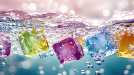 Vibrant ice cubes in bold colors underwater, highlighted by glowing bubbles and soft ripples in a crystal-clear liquidの素材