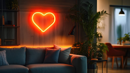 Contemporary living space with a glowing heart-shaped neon light, vibrant greenery, and a sophisticated wall designの素材