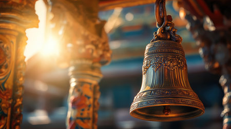 An intricate Indian bronze bell hanging in sunlight against a temple backdrop.の素材