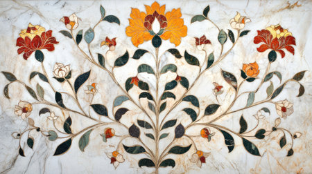 Sunlit marble inlay artwork from the Taj Mahal, emphasizing floral designs.の素材