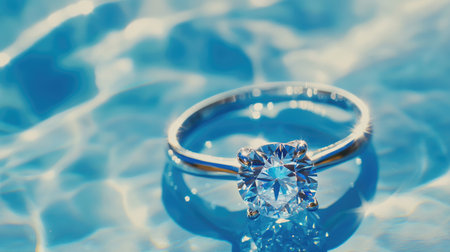 A luxurious diamond engagement ring shimmering against a smooth, soft blue backdrop, perfect for a romantic momentの素材