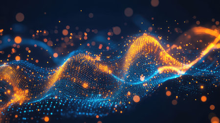 A bold futuristic artwork with illuminated data flows and bright ambient lights, creating a sense of energizing creativityの素材