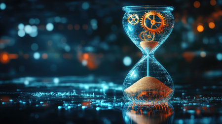 A digital hourglass with shimmering sand transitioning into spinning gears, symbolizing the power of time in achieving resultsの素材
