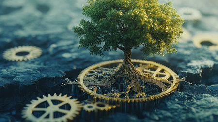 A dynamic tree growing atop gears and circuits, with roots interlaced into both, visualizing leadership grounded in tradition and forward-thinkingの素材