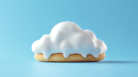 A delightful cloud-shaped cookie with soft white icing, floating on a bright blue background like a piece of artの素材