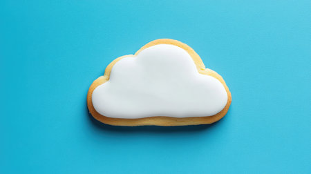 A delightful cloud-shaped cookie with soft white icing, floating on a bright blue background like a piece of artの素材