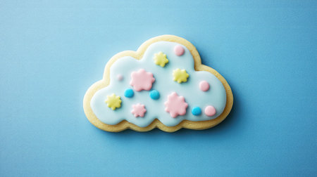 A charming cloud cookie decorated with pastel details, beautifully contrasted against a vivid blue backdropの素材