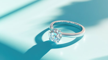A close-up of a sparkling diamond ring placed elegantly on a light blue surface, representing purity and commitmentの素材