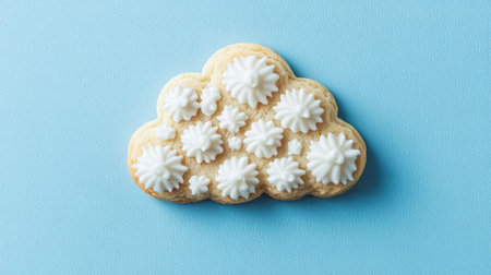A fluffy cloud-shaped cookie with intricate details, resting on a sky-blue background for a dreamy presentationの素材