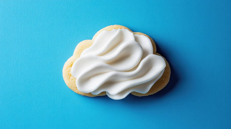 A delightful cookie shaped like a cloud, with soft white frosting and delicate edges, set against a bright blue backgroundの素材