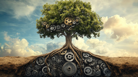 A lone tree with roots transforming into gears and intricate circuitry, signifying leadership's evolution through tradition and innovationの素材