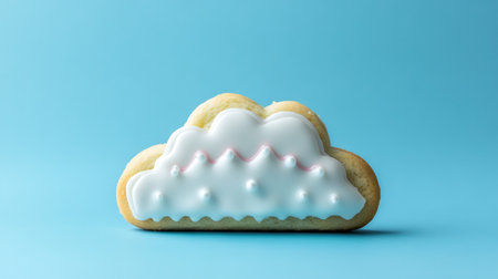 A playful cloud cookie with delicate frosting edges, set against a vibrant blue background, creating a cheerful sceneの素材