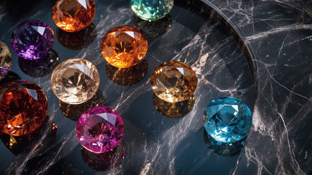 A luxurious scene of multicolored gems radiating elegance on a velvety dark surface, emphasizing their unique cutsの素材