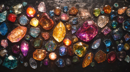 A luxurious display of multicolored gemstones sparkling on a rich dark surface, each cut uniquely to reflect vivid transparency and brillianceの素材