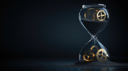 A modern hourglass where fine sand transforms into digital gears at the bottom, symbolizing time's role in driving progressの素材