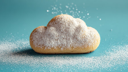A single cloud-shaped cookie with a light dusting of sugar, set on a bold blue surface, perfect for a whimsical vibeの素材